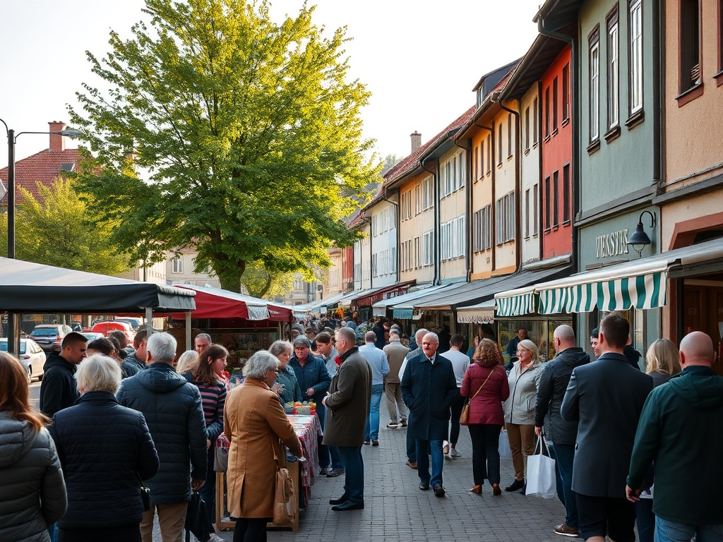 Widok na rynek w Mińsku Mazowieckim z ratuszem i kolorowymi kamienicami.